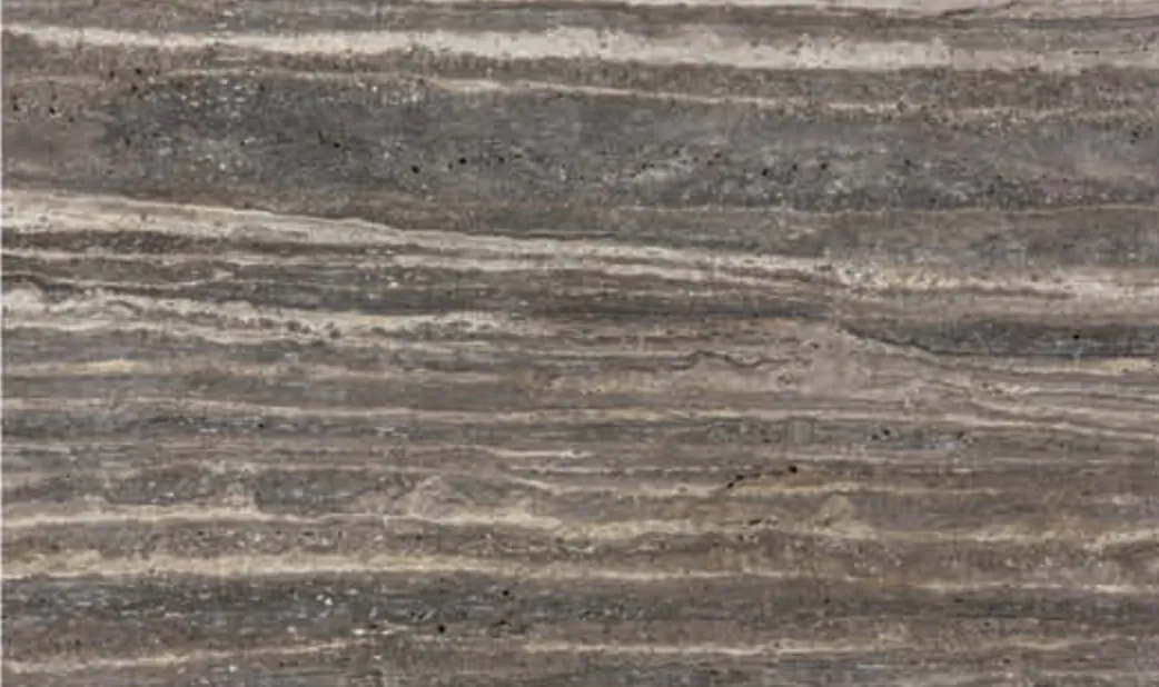 Ebony Travertine slab, charcoal ground with lighter linear bands