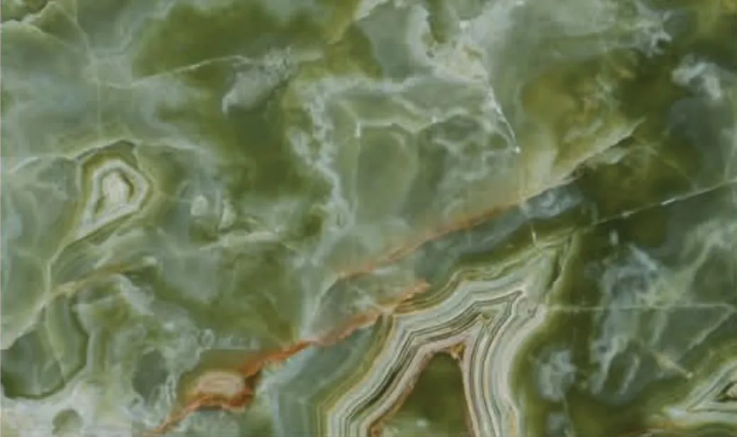 Green Onyx slab, deep green with white and rust bands