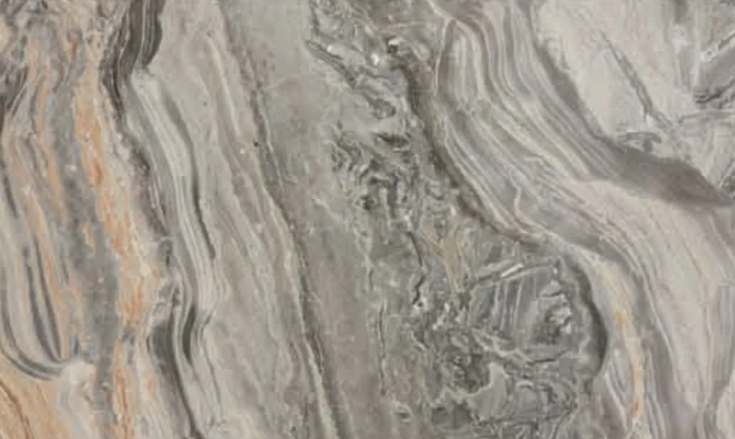 Grigio Orobico slab, grey ground with flowing gold and white bands