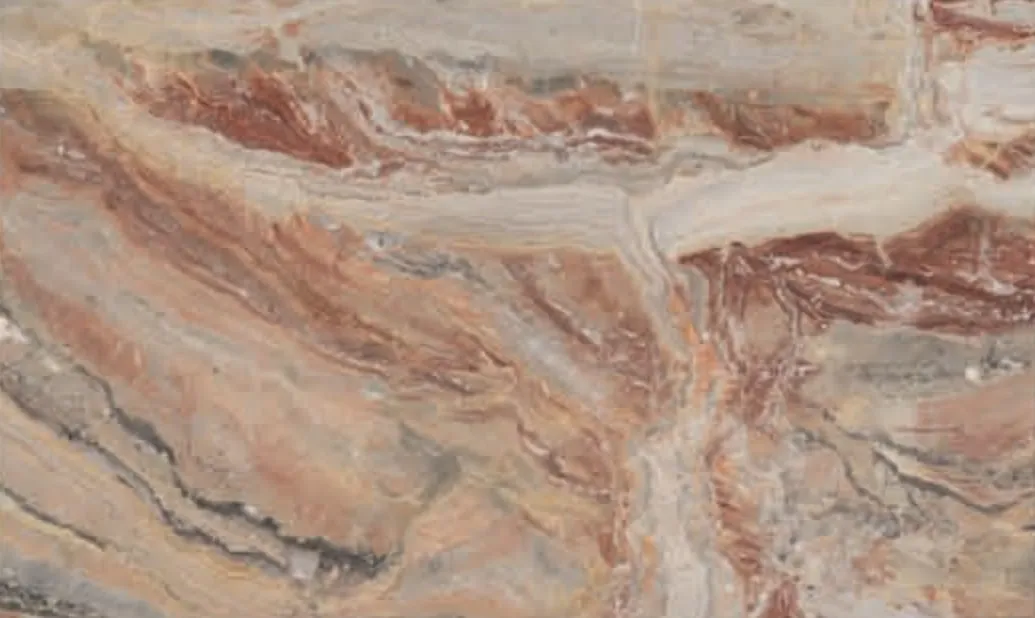 Rosso Orobico slab, red, rose and grey flowing bands