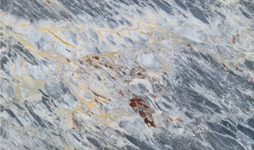 Sarrancolin slab, blue-grey ground with gold and red veining